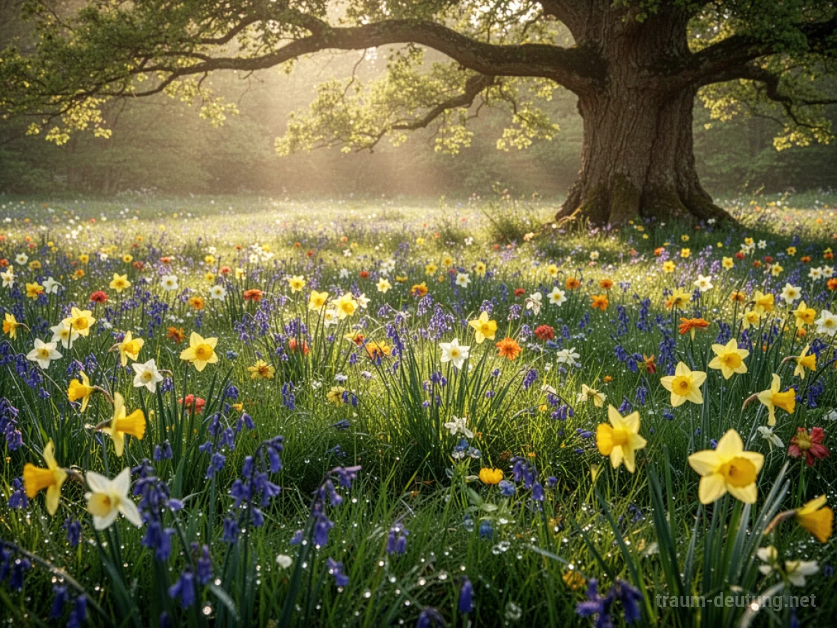 Traumsymbol Frühling: Eine sonnendurchflutete Blumenwiese mit blauem Himmel und sanften Lichtreflexen.