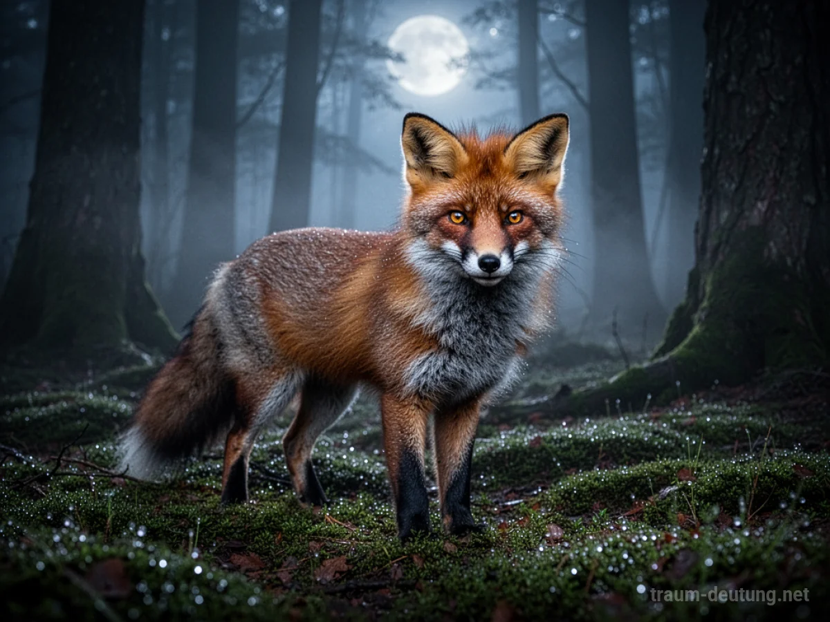 Traumdeutung Fuchs: Ein roter Fuchs mit wachen Augen steht im dichten, mondbeschienenen Wald auf moosigem Boden, umgeben von Nebelschwaden.