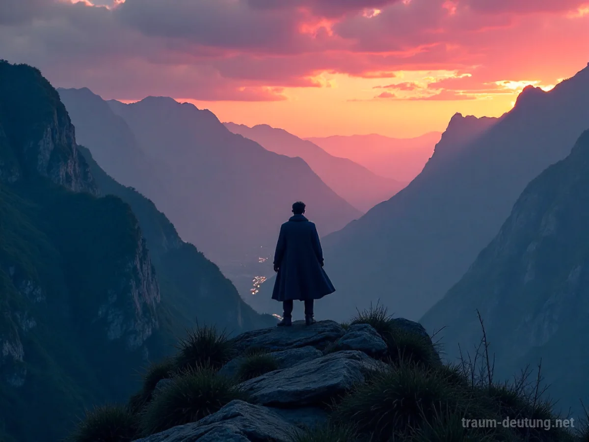 Traumsymbol Führer: Eine einsame Silhouette steht auf einem nebelverhangenen Berggipfel und blickt in ein weites Tal unter einem dramatischen Abendhimmel.