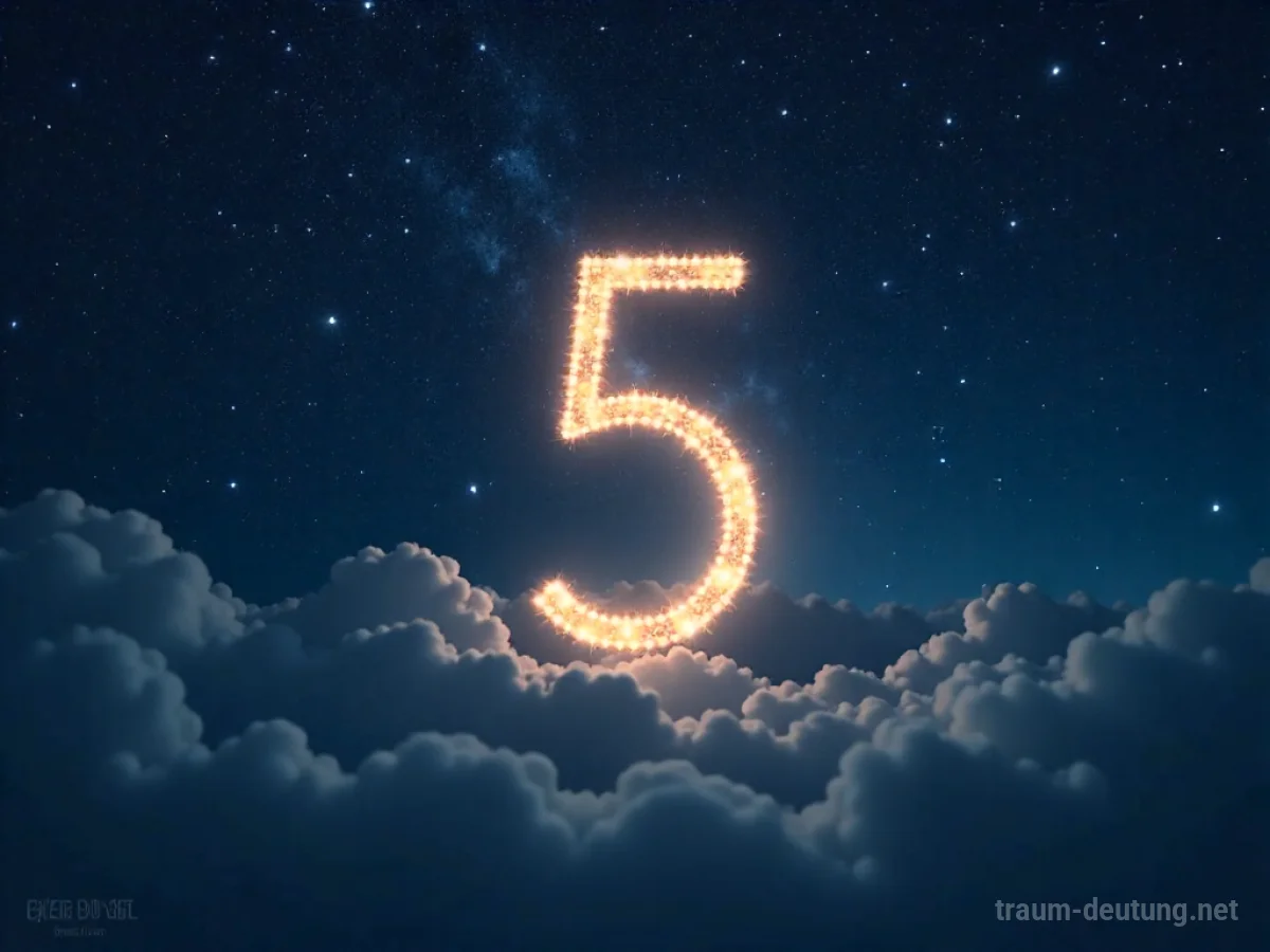 Traumsymbol Fünf: Eine große, leuchtende Zahl Fünf schwebt in einem sternenklaren Nachthimmel, beleuchtet von sanftem Mondlicht.