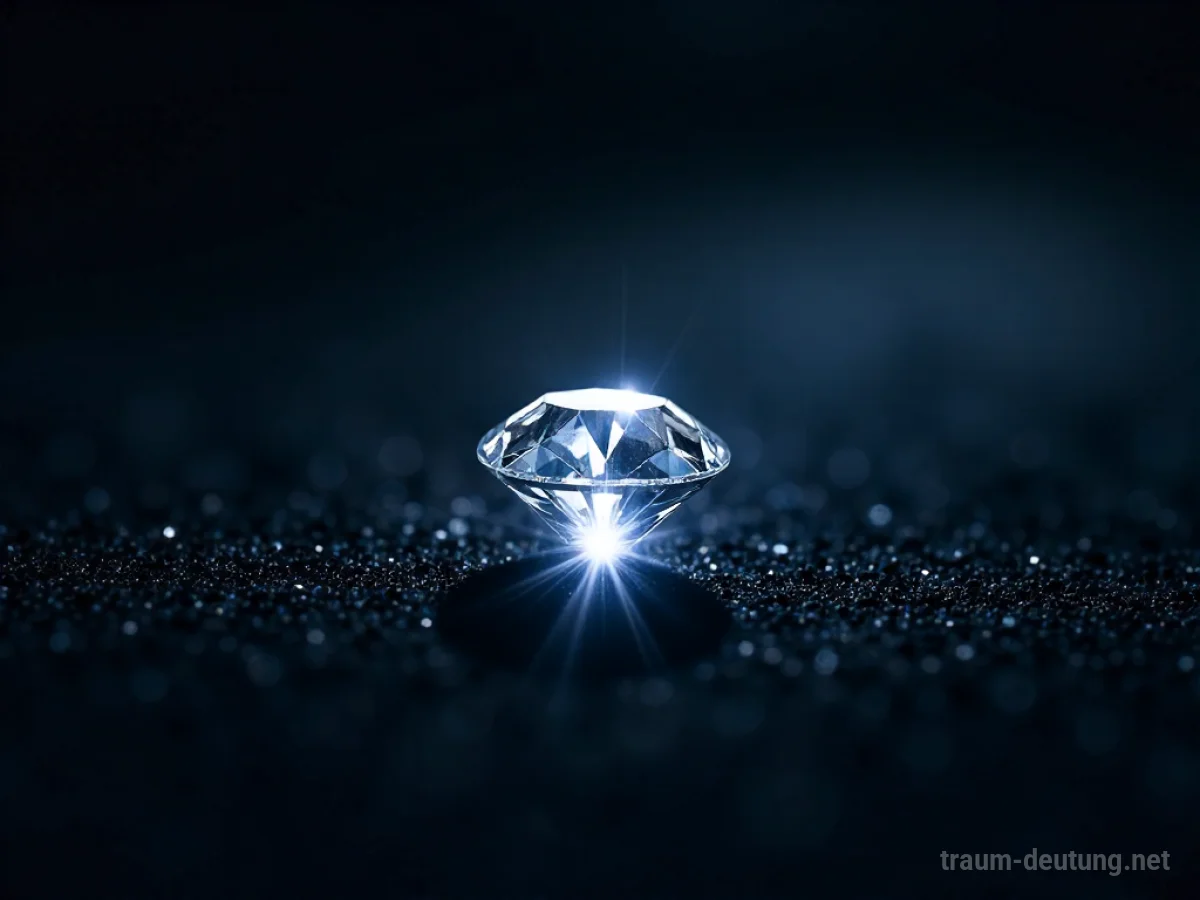 Traumsymbol Funkeln: Ein einzelner, brillanter Diamant liegt auf dunklem Samt und reflektiert scharfe Lichtstrahlen, was auf eine plötzliche Erkenntnis hindeutet.