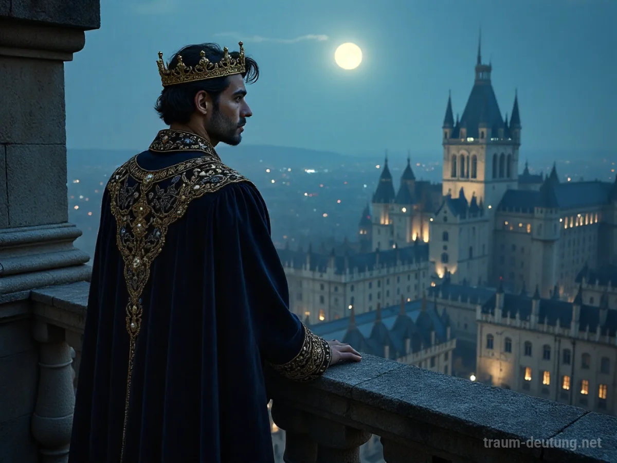 Traumdeutung Fürst: Ein Prinz in prunkvoller Kleidung steht auf einem steinernen Balkon und blickt auf eine mondbeschienene mittelalterliche Stadt.