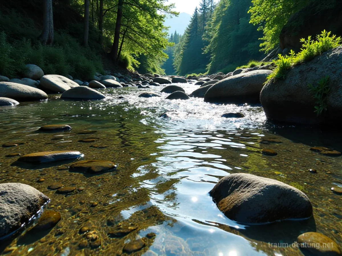 Traumsymbol Furt: Eine breite, seichte Flussfurt mit klarem Wasser und sichtbaren Steinen unter sanftem Sonnenlicht.