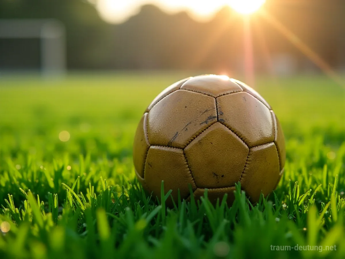 Traumsymbol Fußball: Ein abgenutzter Fußball liegt auf einem taufrischen, grünen Rasenfeld im sanften Licht der Morgensonne.