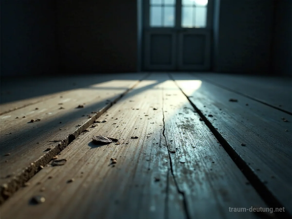 Traumdeutung Fußboden: Detailaufnahme eines abgenutzten Holzbodens im Mondlicht, das die Stabilität und das Fundament des Träumers symbolisiert.