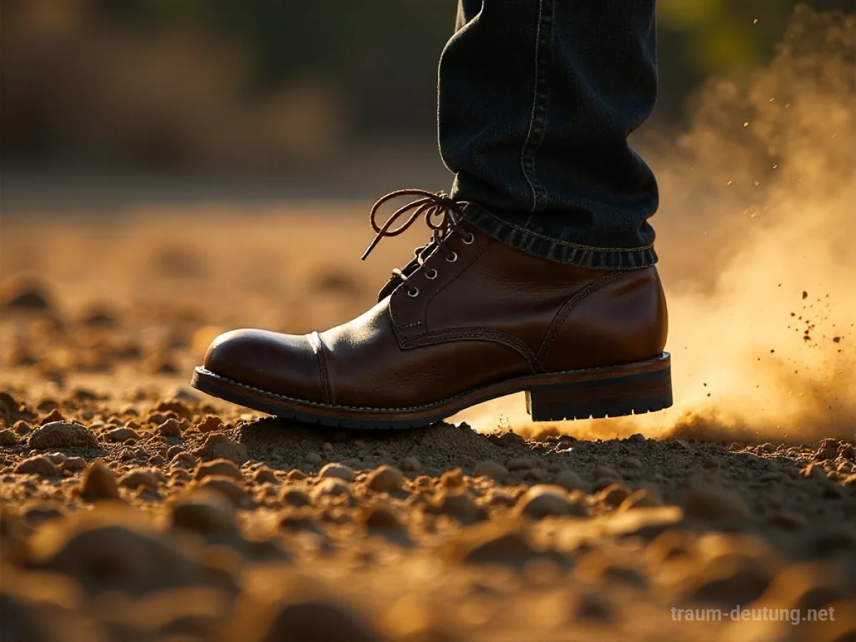 Traumsymbol Fußtritt: Ein abgetragener Lederstiefel ist im Begriff, auf trockenen, rissigen Boden zu treten, wobei Staub aufwirbelt. Hartes Sonnenlicht wirft lange Schatten.