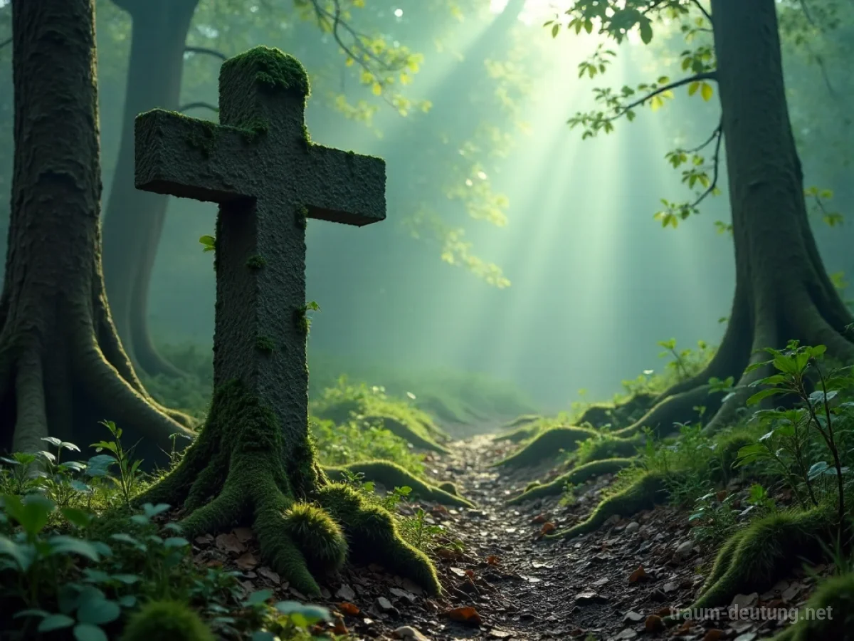 Traumsymbol Gabelung: Ein alter Steinkreuzweg mit zwei sich teilenden Pfaden im nebligen Wald, beleuchtet von gefiltertem Sonnenlicht.