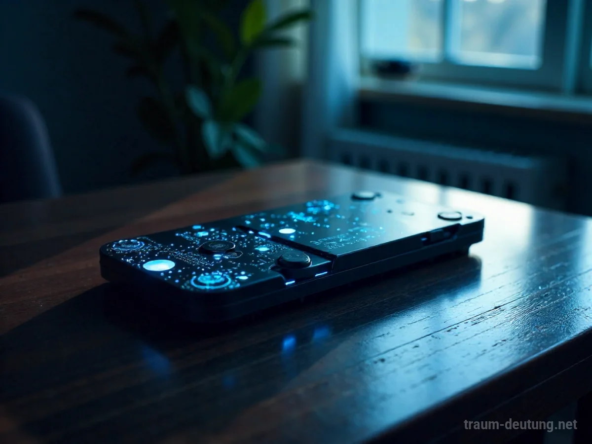 Traumsymbol Gadget: Ein futuristisches Gadget mit leuchtenden blauen Schaltkreisen liegt auf einem dunklen Holztisch im Mondlicht.