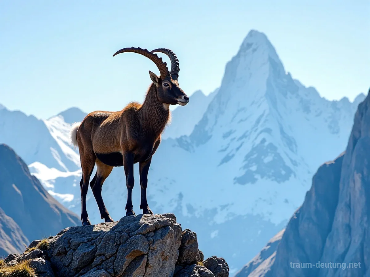 Traumsymbol Gämse: Eine majestätische Gämse steht selbstbewusst auf einem schmalen Felsvorsprung in den Alpen, mit schneebedeckten Gipfeln im Hintergrund und klarem Himmel.