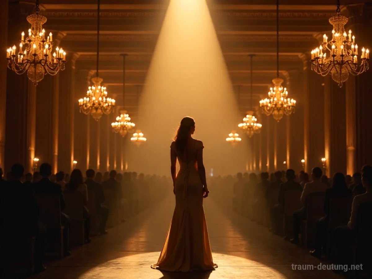 Traumsymbol Gala: Eine einzelne, elegant gekleidete Frau steht im Scheinwerferlicht eines opulenten Ballsaals, der von Kronleuchtern beleuchtet wird.