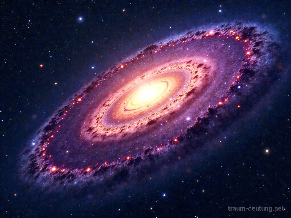 Traumsymbol Galaxie: Eine fotorealistische Ansicht einer riesigen Spiralgalaxie mit Milliarden von Sternen und farbenprächtigen Nebeln vor dem Hintergrund des tiefen Weltraums.