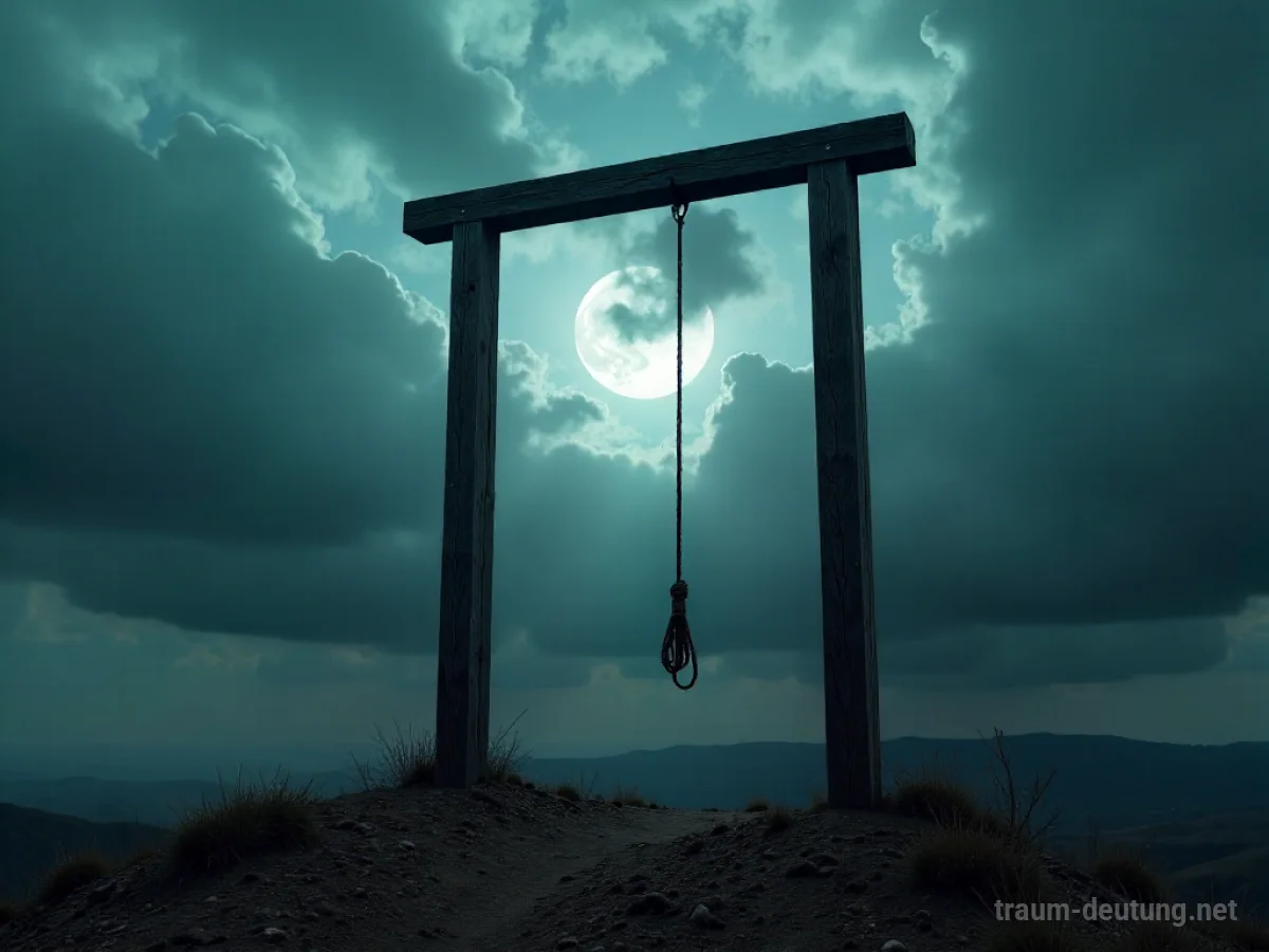 Traumsymbol Galgen: Ein verwitterter, dunkler Holzgalgen steht vor einem stürmischen Himmel mit grauen Wolken und einem spärlichen Mondlicht, eine einzelne, ausgefranste Schlinge hängt herab.