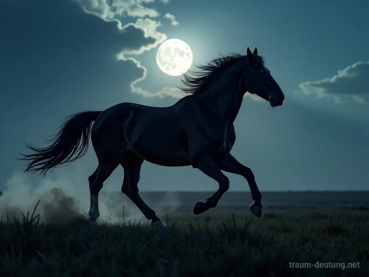 Traumsymbol Galopp: Ein schwarzer Hengst galoppiert wild über eine mondbeschienene Ebene, seine Mähne im Wind, Staub aufwirbelnd.