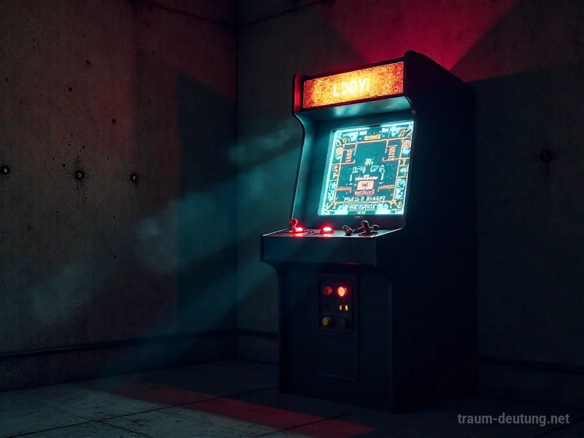 Traumdeutung Game: Eine alte Spielhalle mit einem leuchtenden Arcade-Automaten im Zentrum, der eine komplexe digitale Oberfläche anzeigt.