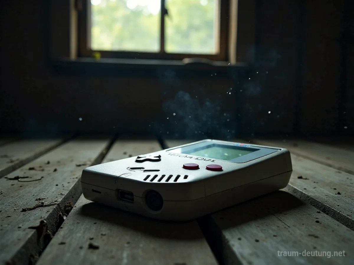 Traumsymbol Gameboy: Ein verstaubter, grauer Game Boy liegt auf einem hölzernen Dachboden, beleuchtet von einem schwachen Sonnenstrahl, der durch ein schmutziges Fenster fällt.