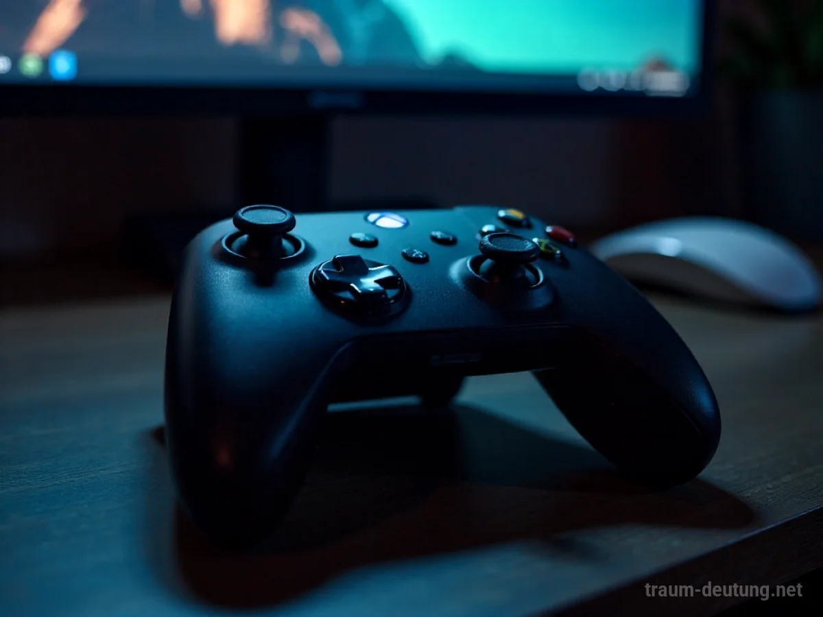 Traumsymbol Gamepad: Ein modernes Videospiel-Gamepad liegt auf einem dunklen Holztisch, beleuchtet von weichem Licht eines unsichtbaren Bildschirms.