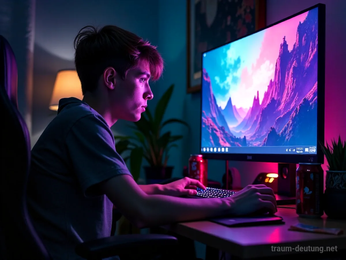 Traumdeutung Gamer: Ein junger Erwachsener sitzt in einem abgedunkelten Raum, beleuchtet vom Bildschirm eines Computers, der intensive Konzentration zeigt.