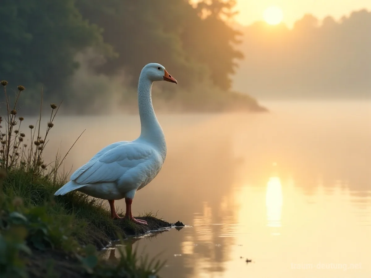 Traumsymbol Gans: Eine majestätische weiße Gans steht am Ufer eines nebelverhangenen Sees im sanften Morgengrauen, beleuchtet von goldenem Sonnenlicht.