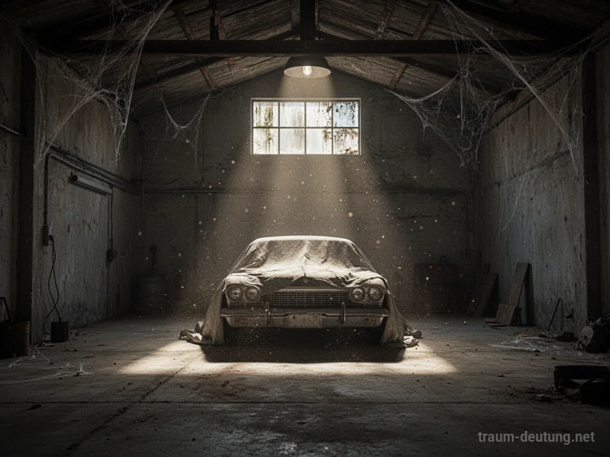 Traumsymbol Garage: Eine staubige, dunkle Garage im Mondlicht, in der ein abgedecktes Auto steht und verborgene Potenziale symbolisiert.