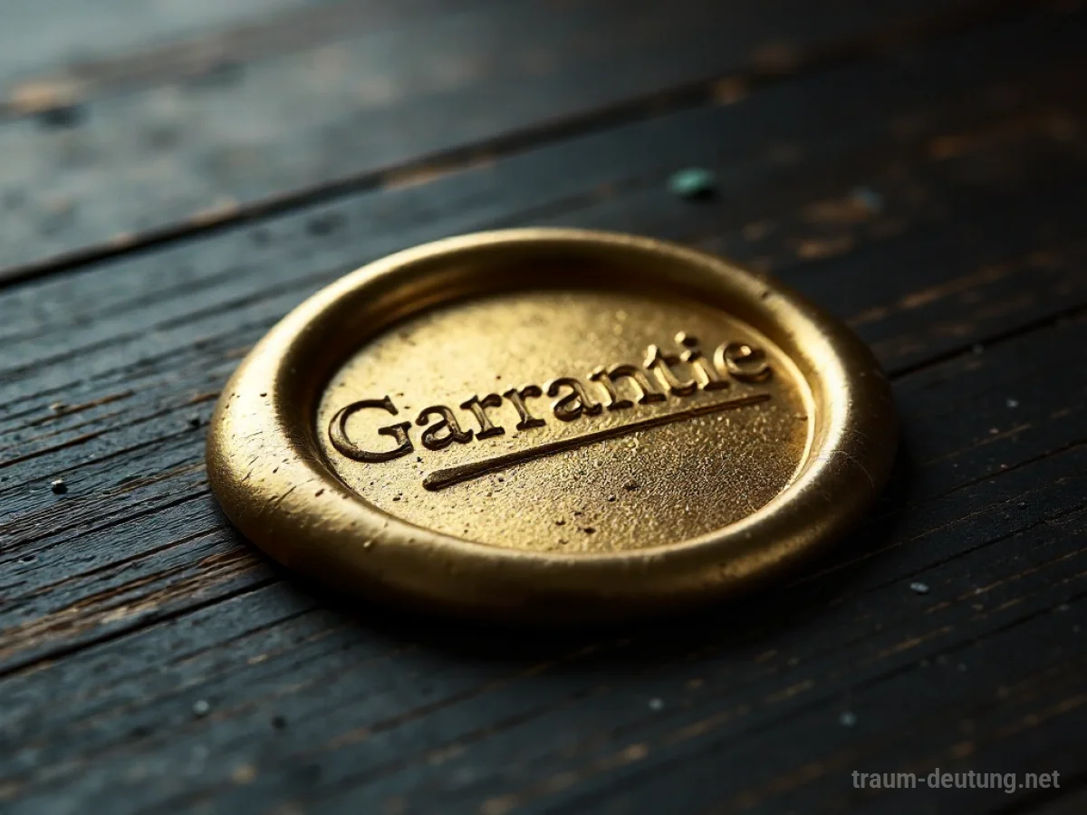 Traumsymbol Garantie: Ein prunkvolles goldenes Siegel mit der Prägung 'Garantie' liegt auf einem dunklen Holztisch im sanften Licht.