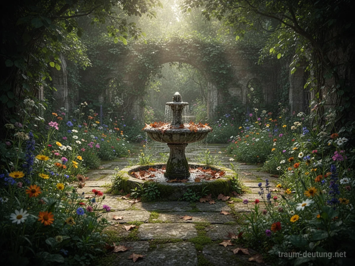 Traumsymbol Garten: Ein verwunschener, üppig bewachsener Garten mit steinigen Pfaden, alten Bäumen und einer sanft plätschernden Steinbrunnen im sanften Licht.