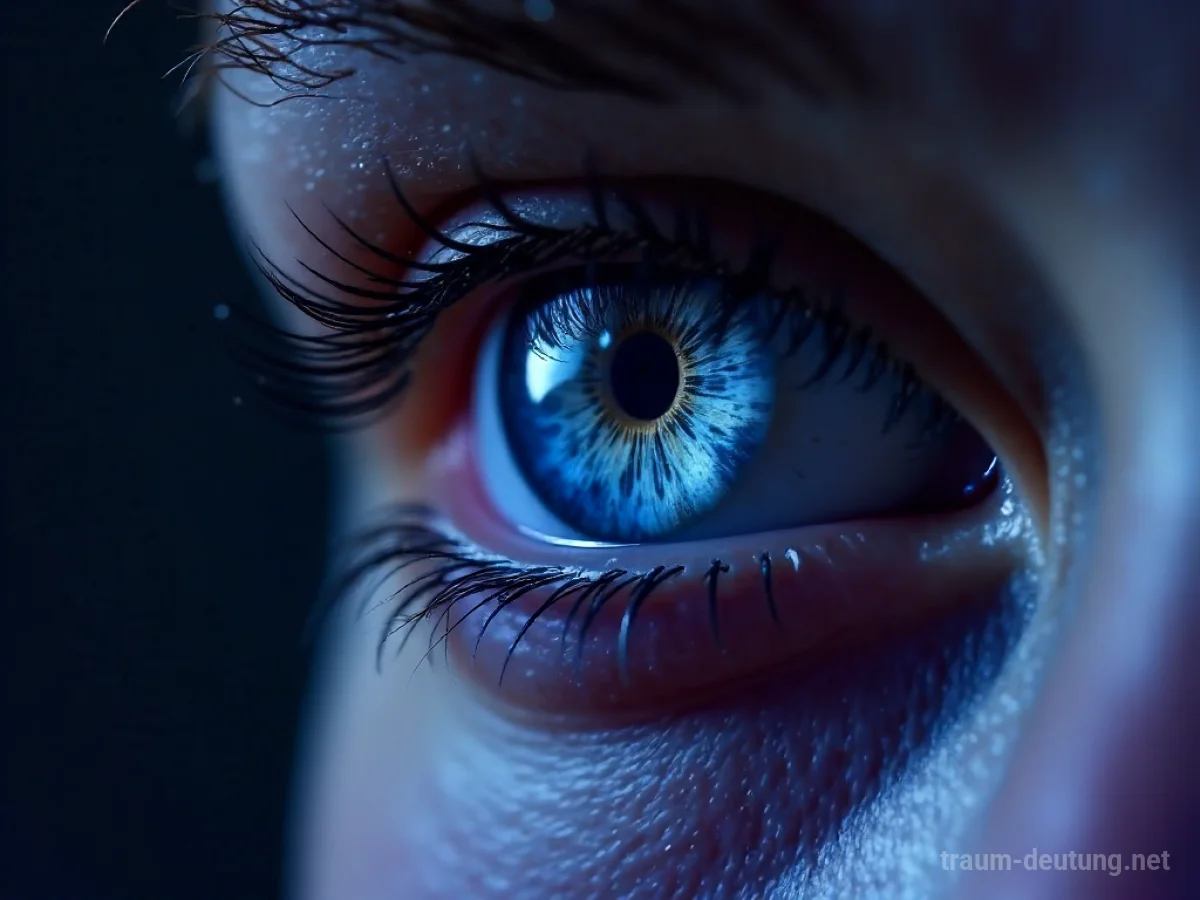 Traumsymbol Gaze: Ein menschliches Auge mit einem tiefen, kosmischen Iris blickt intensiv in eine neblige Umgebung, beleuchtet von subtilem Mondlicht.