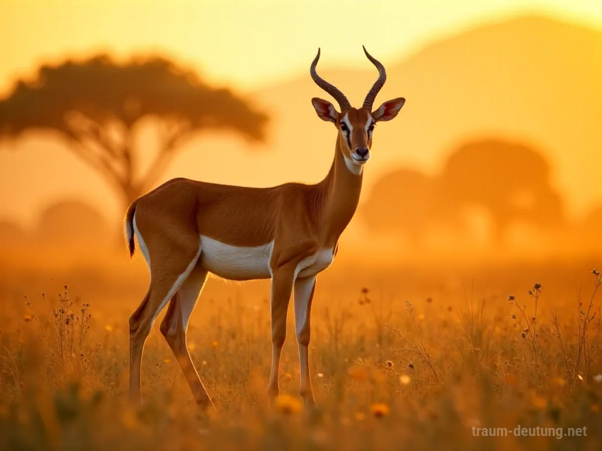 Traumsymbol Gazelle: Eine anmutige Gazelle steht auf einer sonnenbeschienenen Savanne im goldenen Licht der Dämmerung, die Umgebung ist von trockenem Gras und Akazienbäumen geprägt.