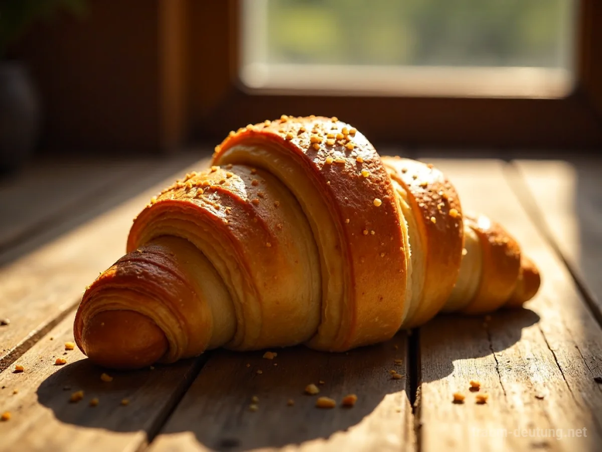 Traumsymbol Gebäck: Ein goldbraunes Croissant liegt auf einem rustikalen Holztisch, beleuchtet von warmem Sonnenlicht.
