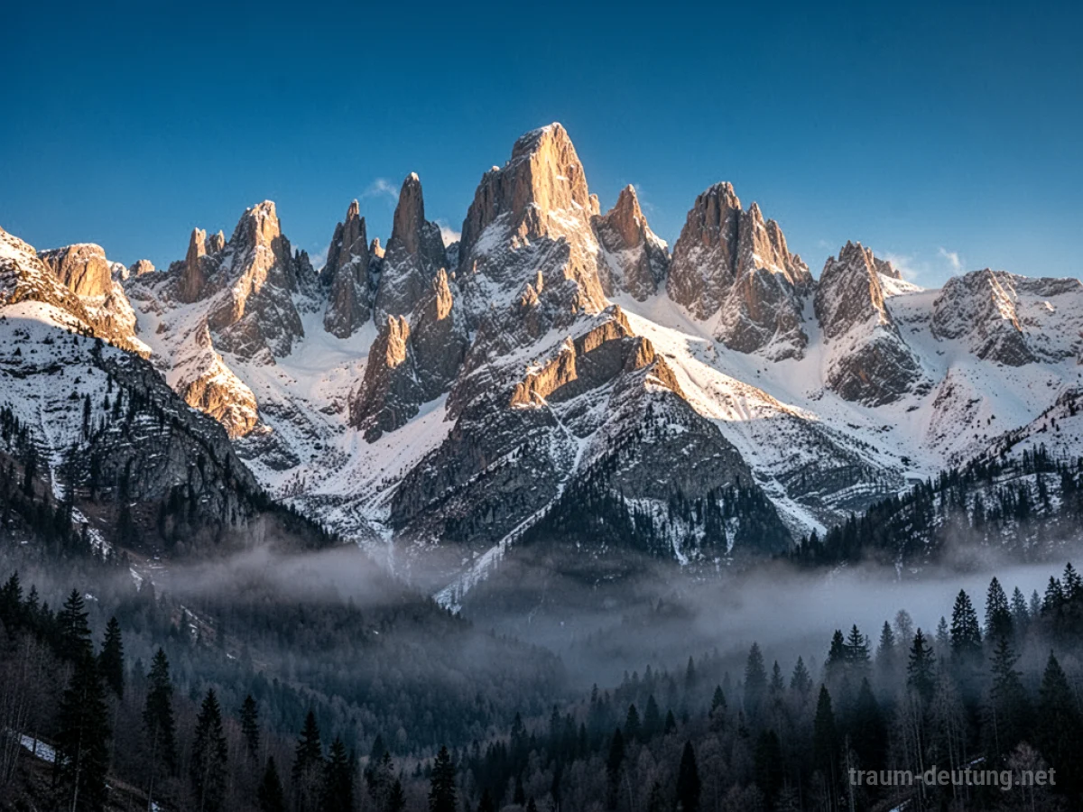 Traumsymbol Gebirge: Majestätische, schneebedeckte Berggipfel erheben sich unter einem klaren blauen Himmel, mit dramatischen Schatten und einem Hauch von Nebel in den Tälern.