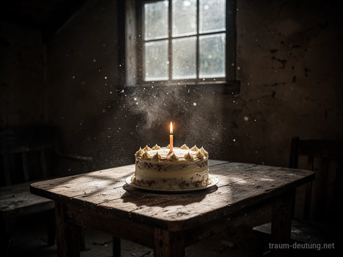 Traumsymbol Geburtstag: Ein unbeleuchteter Geburtstagskuchen steht auf einem Holztisch in einem dunklen Raum, beleuchtet von einem Mondstrahl.