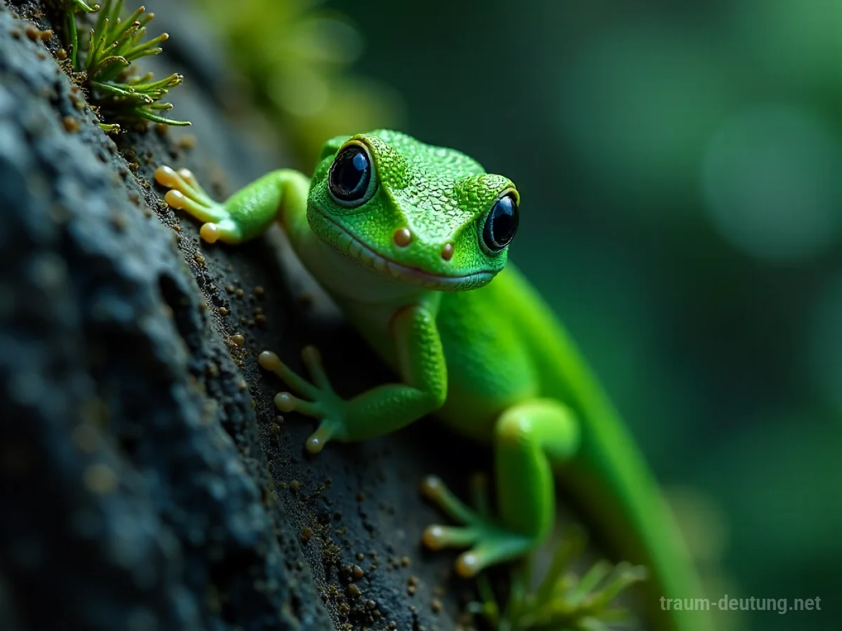 Traumsymbol Gecko: Ein grüner Gecko klammert sich an eine raue Steinwand im Mondlicht, seine Augen beobachten aufmerksam die Umgebung.