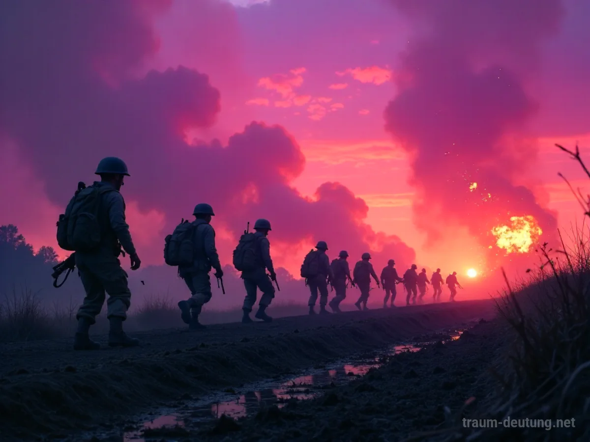 Traumdeutung Gefecht: Eine chaotische Schlachtszene in der Dämmerung mit rauchenden Silhouetten von Soldaten, die sich in Schlamm und Trümmern gegenüberstehen.