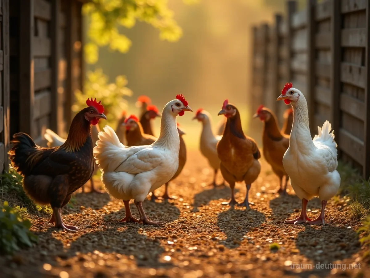 Traumsymbol Geflügel: Eine Gruppe von Hühnern, Enten und Gänsen pickt auf einem sonnenbeschienenen Bauernhof, umgeben von rustikalem Holz.