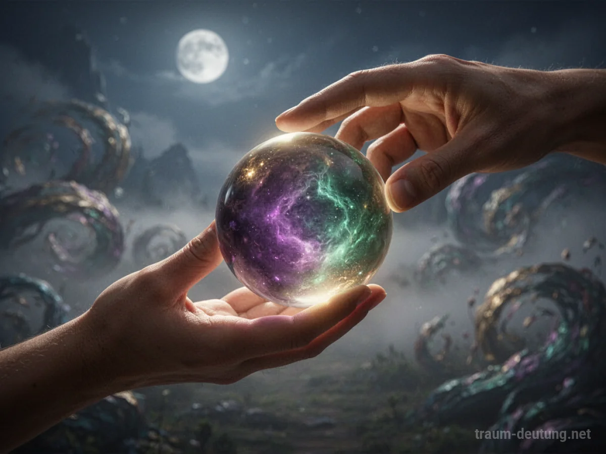 Traumsymbol Gefühl: Eine menschliche Hand berührt sanft eine schimmernde, irisierende Kugel reiner Emotion, die im diffusen Mondlicht in einem nebligen Traumlandschaft leuchtet.