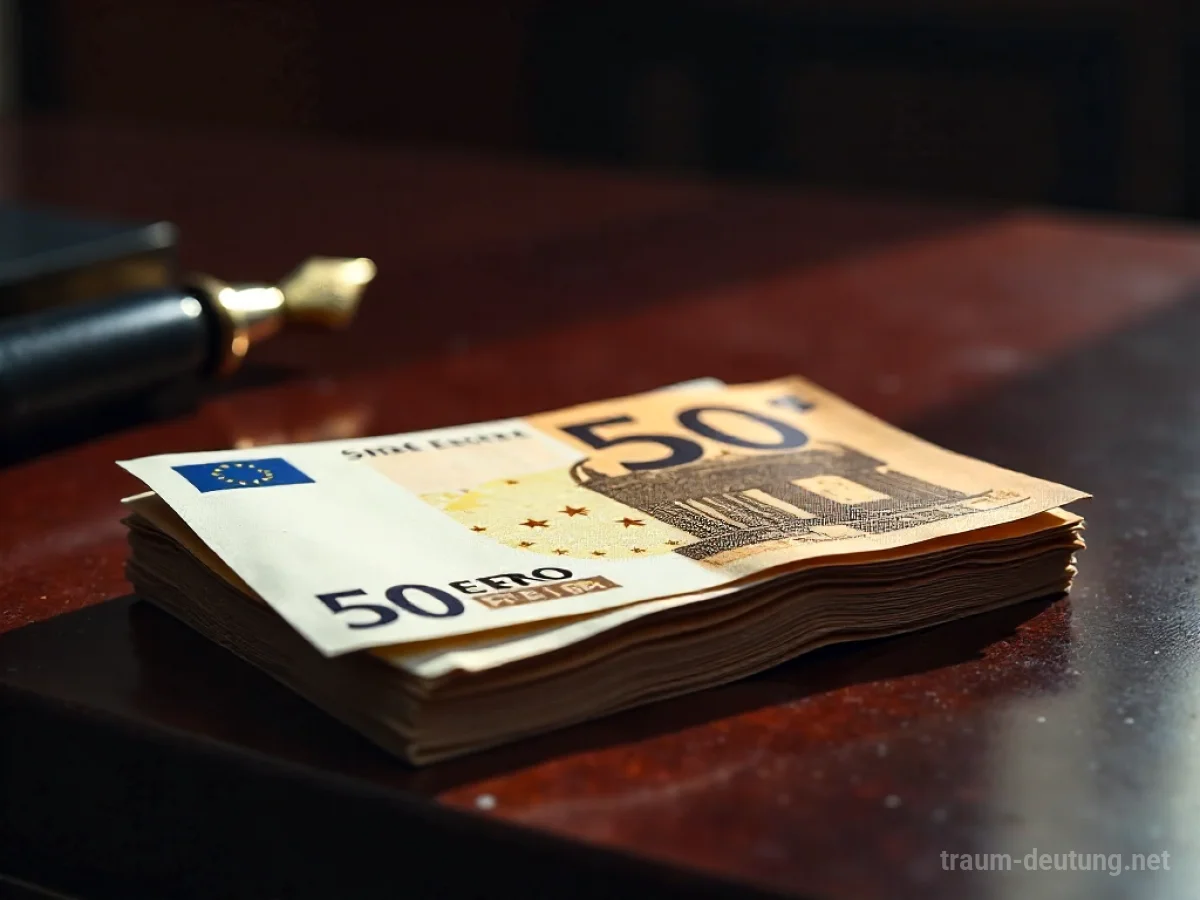 Traumsymbol Gehalt: Ein Stapel frischer Euro-Banknoten liegt auf einem polierten Schreibtisch, beleuchtet von einem warmen Spot.
