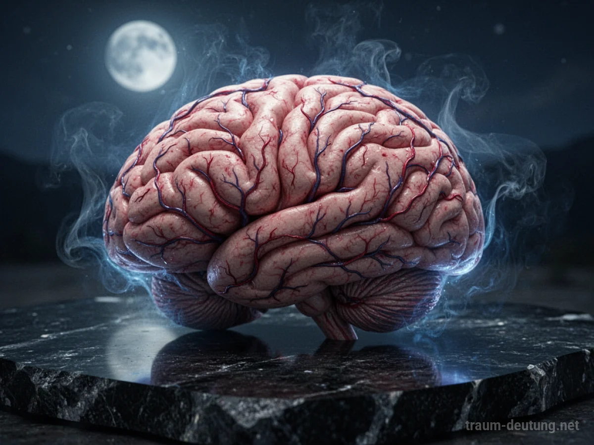 Traumsymbol Gehirn: Ein fotorealistisches menschliches Gehirn, bedeckt mit feinen Blutgefäßen, ruht auf Obsidian unter kühlem Mondlicht, umgeben von bläulichem Nebel.