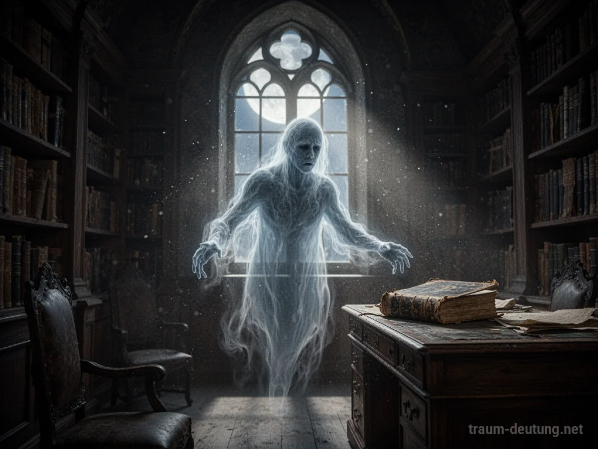 Traumdeutung Geist: Ein durchscheinendes, ätherisches Geistwesen schwebt in einer düsteren, alten Bibliothek, beleuchtet von Mondlicht, das auf ein vergessenes Buch auf einem Schreibtisch fällt.