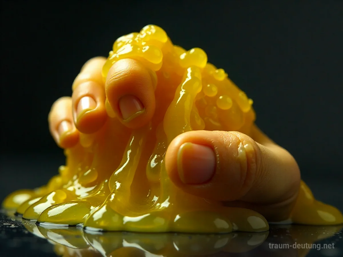Traumsymbol Gel: Eine Hand kämpft sich aus zähem, klebrigem gelbem Gel, das sich an den Fingern festhält.