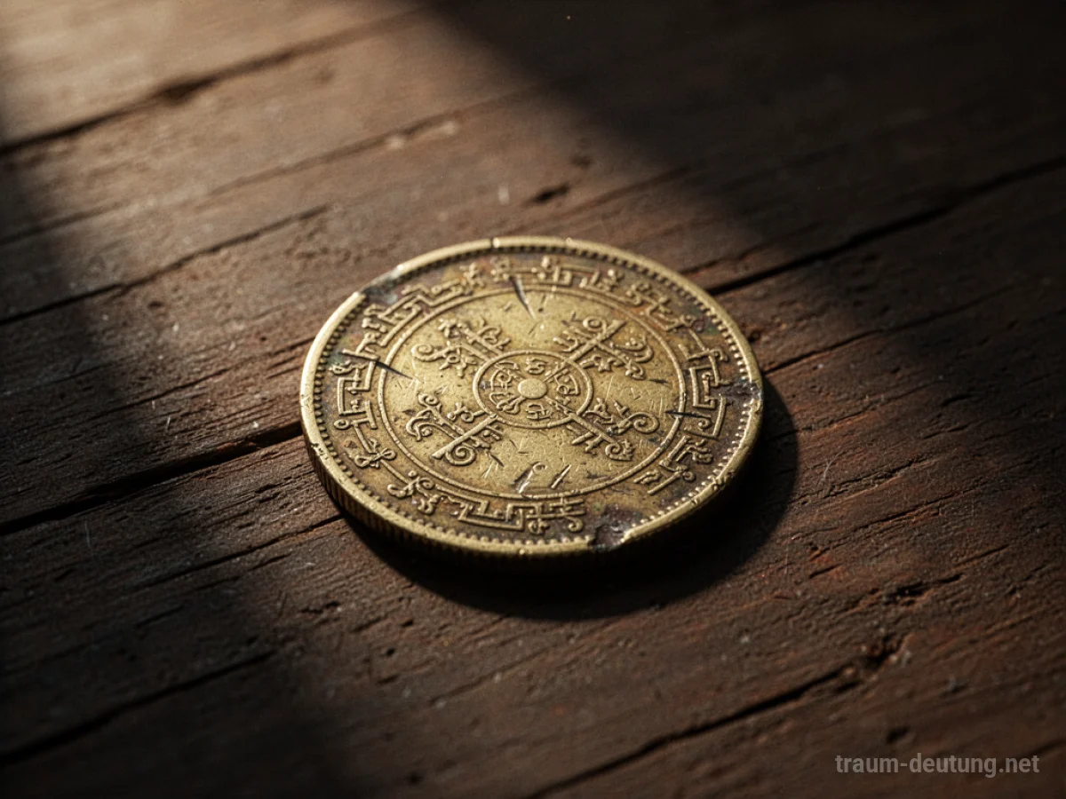 Traumsymbol Geld: Eine einzelne, abgenutzte goldene Münze mit antiken Gravuren liegt auf dunklem Holz, beleuchtet von warmem Licht.