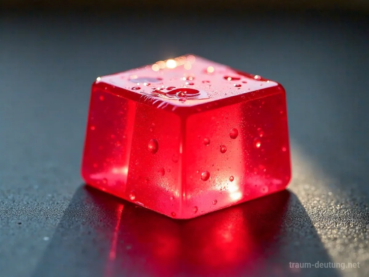 Traumsymbol Gelee: Ein durchscheinender, wackeliger roter Gelee-Würfel mit winzigen Luftblasen liegt auf einer dunklen Oberfläche, beleuchtet von seitlichem Licht.