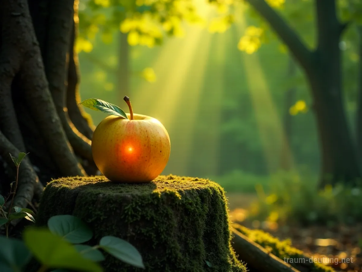 Traumsymbol Gelingen: Ein leuchtender, goldener Apfel ruht auf einem moosbewachsenen Stein in einem sonnenbeschienenen Waldlichtung.