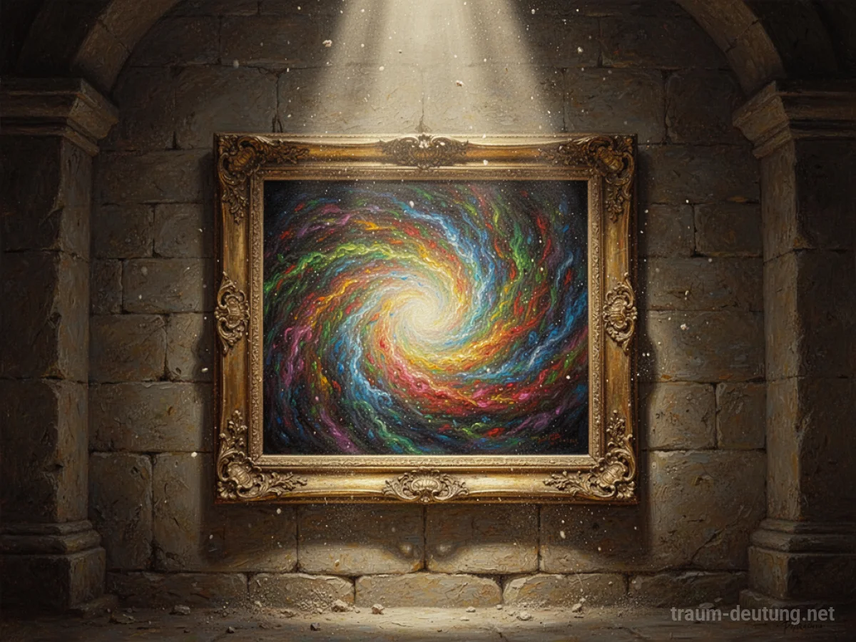 Traumsymbol Gemälde: Ein kunstvoll gerahmtes, abstraktes Gemälde mit wirbelnden Farben hängt an einer alten Steinwand im gedämpften Licht.