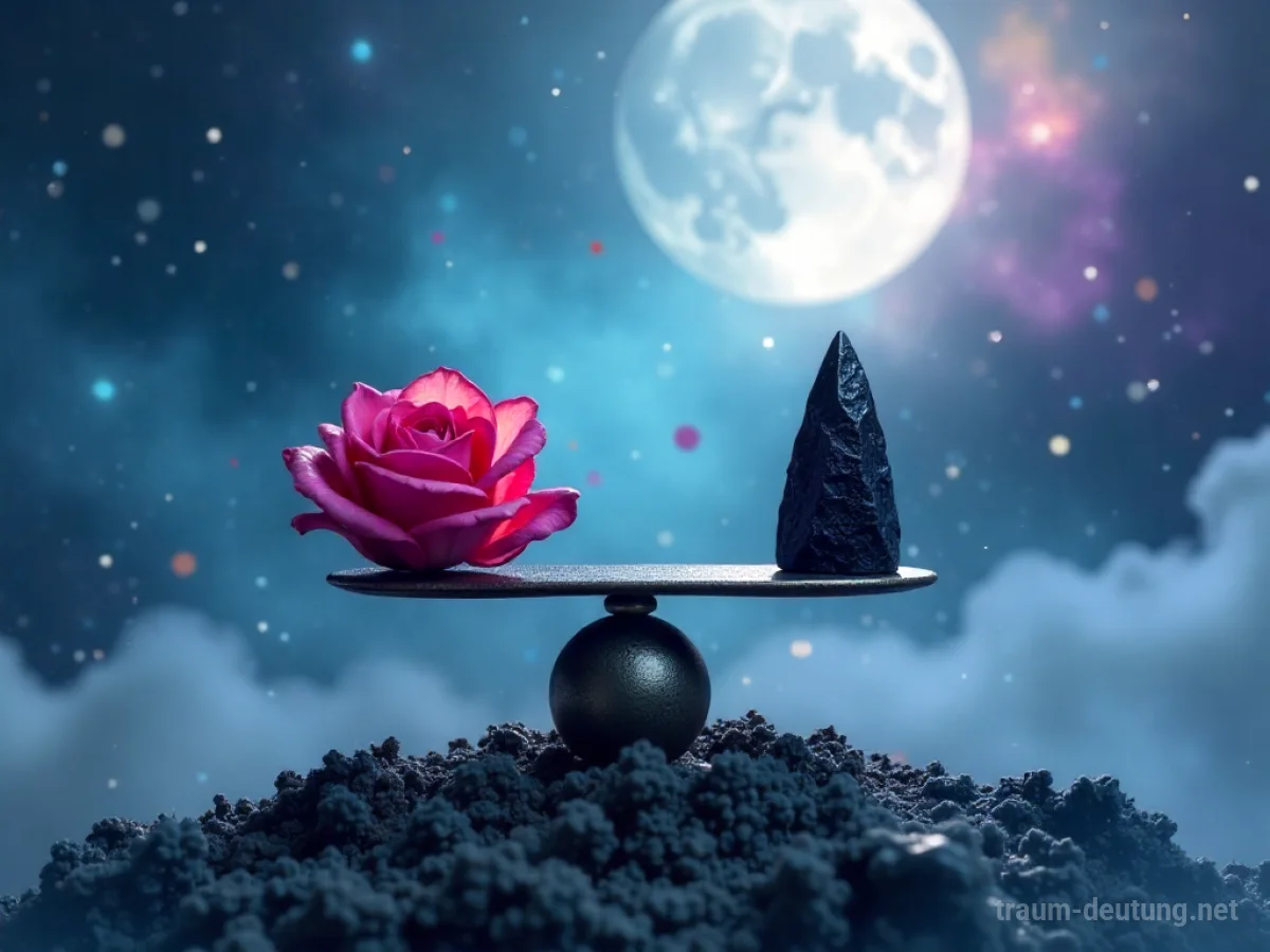 Traumsymbol Gender: Eine Waage schwebt in einem surrealen Nebel, mit einer Rose auf der einen und einem Obsidian-Splitter auf der anderen Seite, beleuchtet von Mondlicht, was die Dualität der Identität symbolisiert.