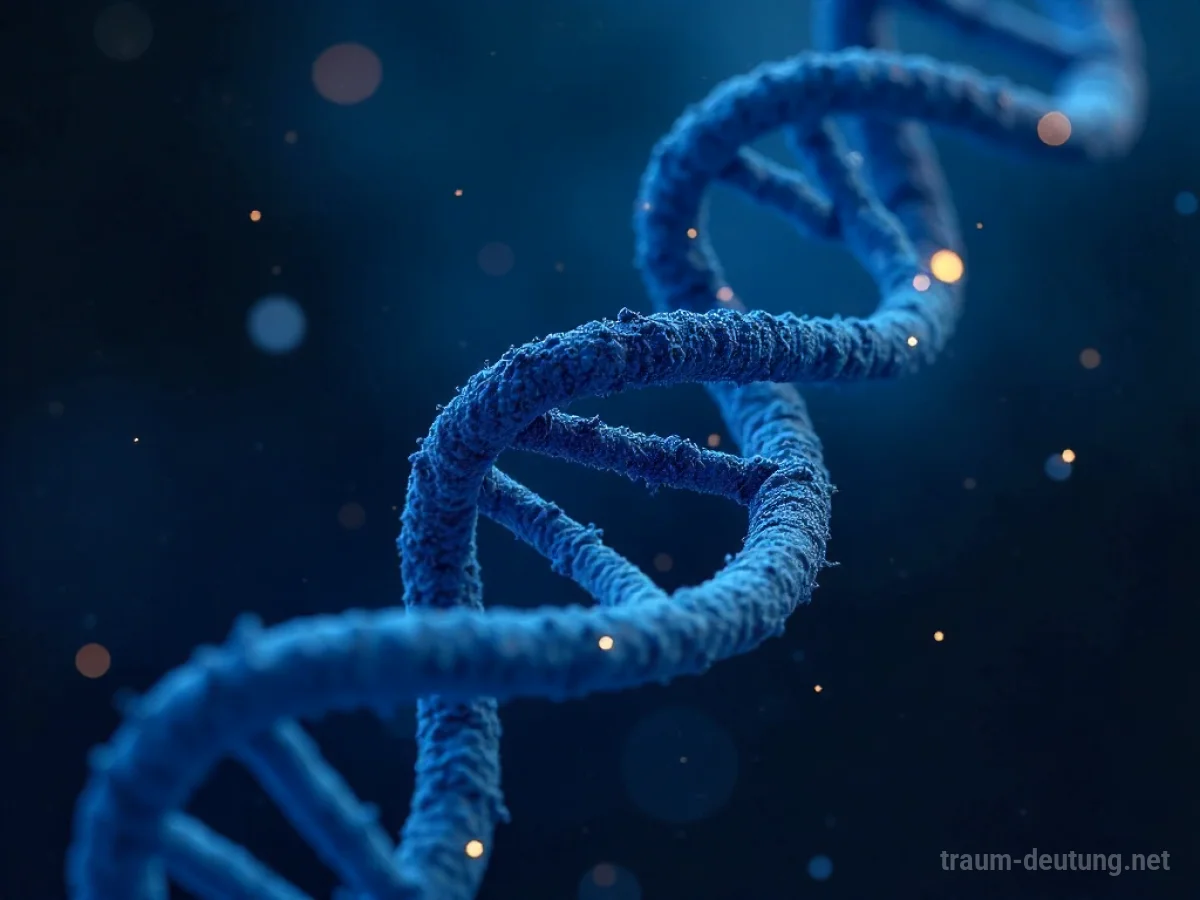 Traumsymbol Genetik: Eine detaillierte menschliche DNA-Doppelhelix leuchtet in ätherischem Blau vor einem dunklen, sternenstaubartigen Hintergrund.