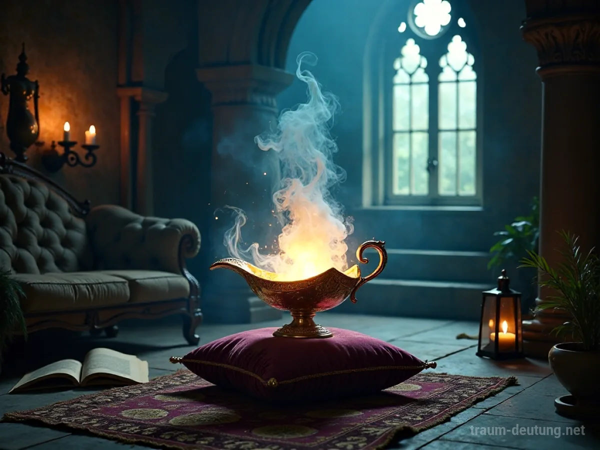 Traumsymbol Genie: Ein majestätisches, ätherisches Genie steigt aus einer schimmernden Lampe in einer alten Kammer, beleuchtet von Mondlicht.