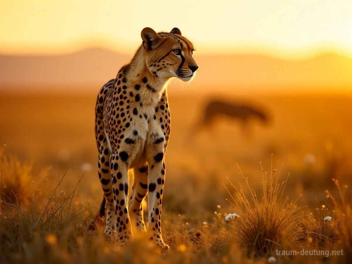 Traumsymbol Gepard: Ein majestätischer Gepard steht auf einer sonnenbeschienenen Savanne, sein geflecktes Fell ist detailliert dargestellt, im goldenen Licht der Abendsonne.