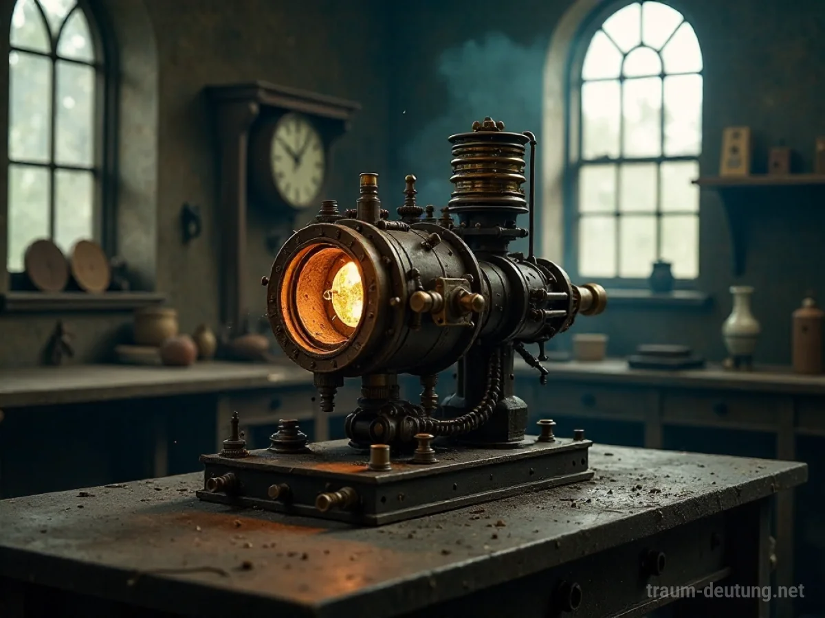 Traumdeutung Gerät: Ein komplexes, steampunk-inspiriertes mechanisches Gerät mit Zahnrädern und Messingrohren steht auf einer Werkbank in einer schwach beleuchteten Werkstatt.