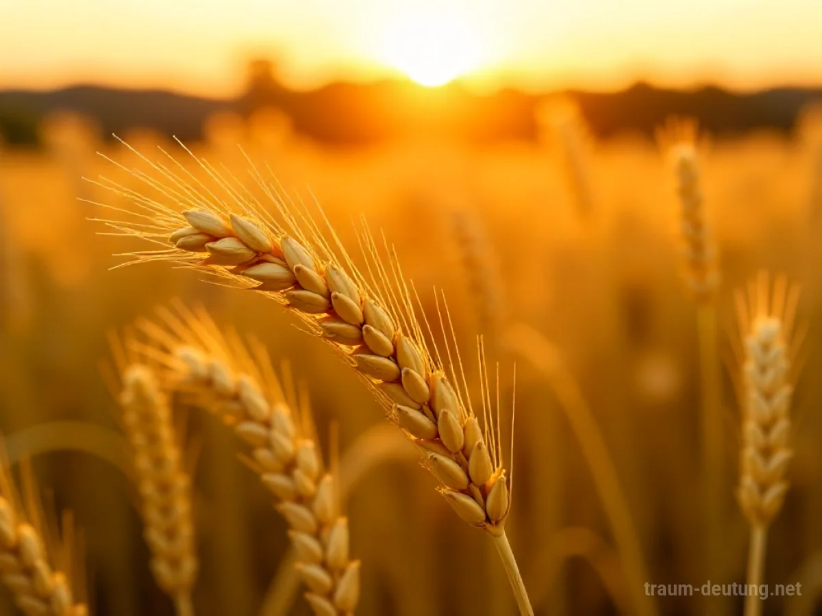 Traumsymbol Gerste: Ein reifes Gerstenfeld im goldenen Abendlicht, einzelne Körner glänzen, während eine leichte Brise über die Halme streicht.