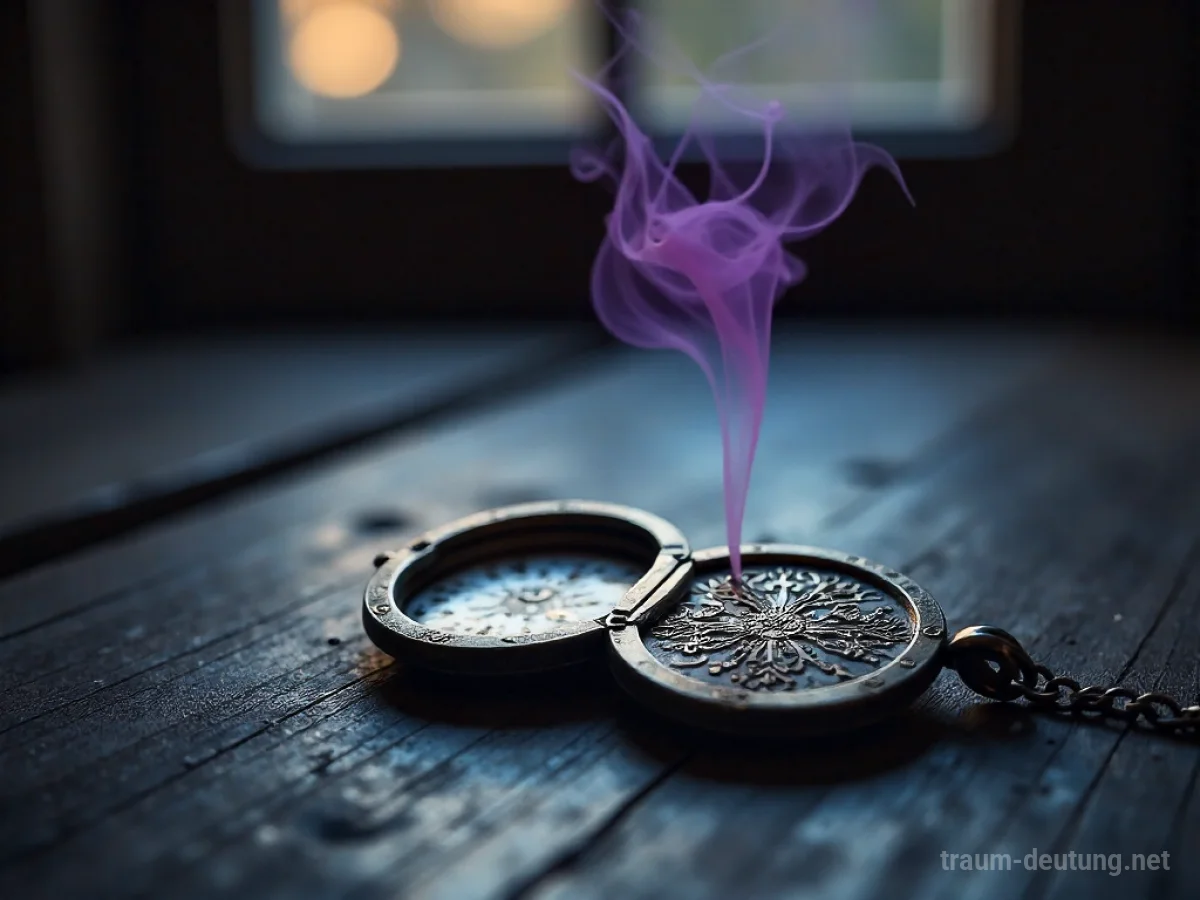 Traumsymbol Geruch: Ein zarter, ätherischer Rauchfaden in Lavendel- und Bernsteintönen steigt aus einem geöffneten, verzierten Silber-Medaillon auf einem dunklen Holz auf, beleuchtet von sanftem Mondlicht.