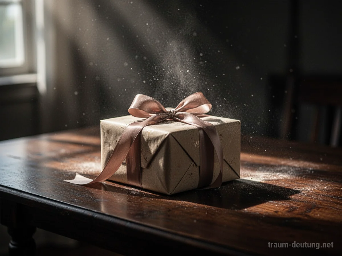 Traumsymbol Geschenk: Eine wunderschön verpackte Geschenkbox mit einem Satinband liegt auf einem dunklen Holztisch, beleuchtet von sanften Lichtstrahlen.